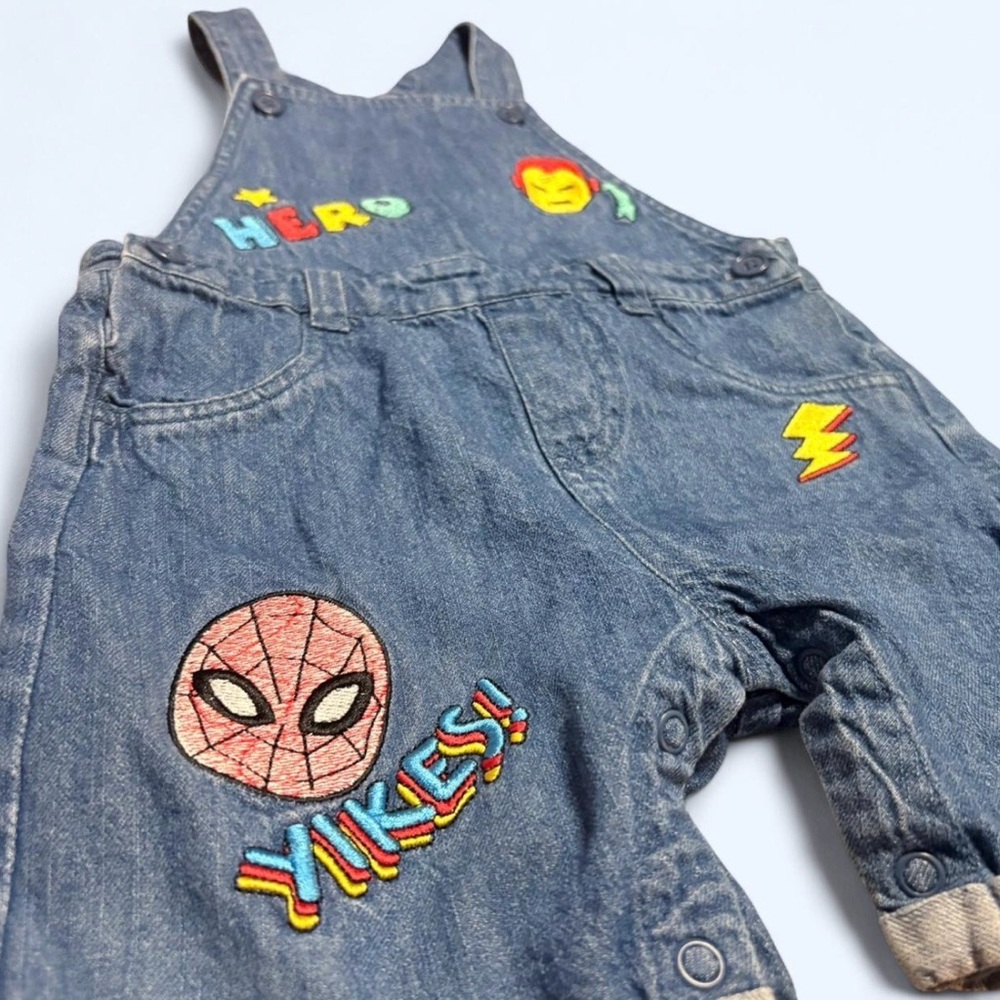 Marvel Spiderman denim overalls with patches Size: 18-24 months